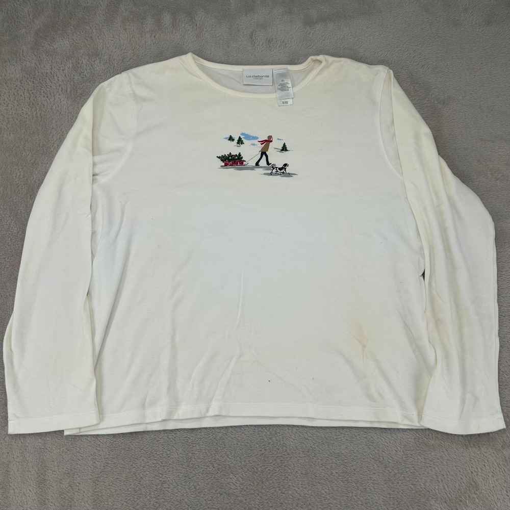 Liz Claiborne Womens XL White Long Sleeve Christmas Graphic‎ Tee Preowned Stains